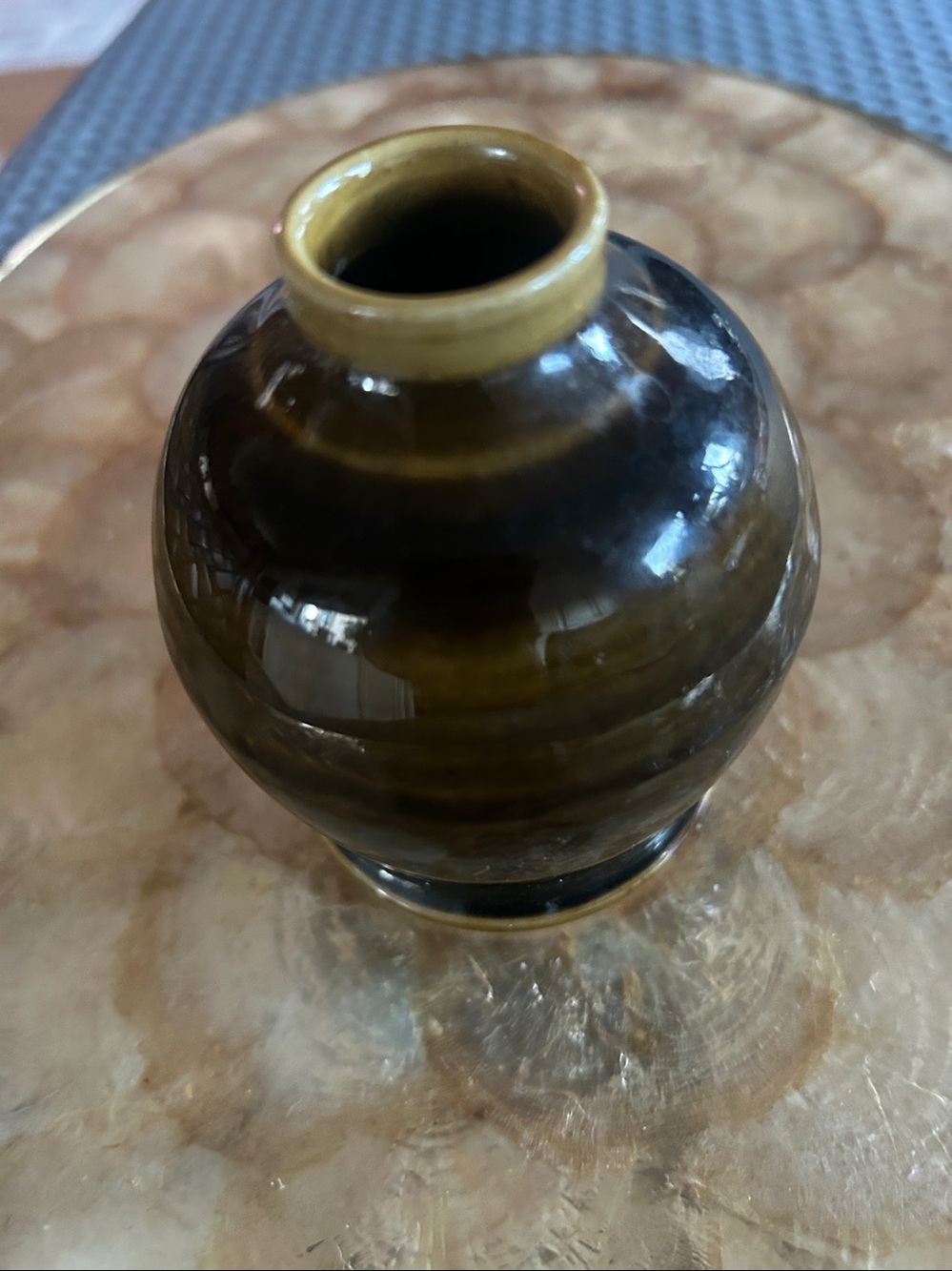 Dark Brown Glazed Ceramic Vase with Tan Rim